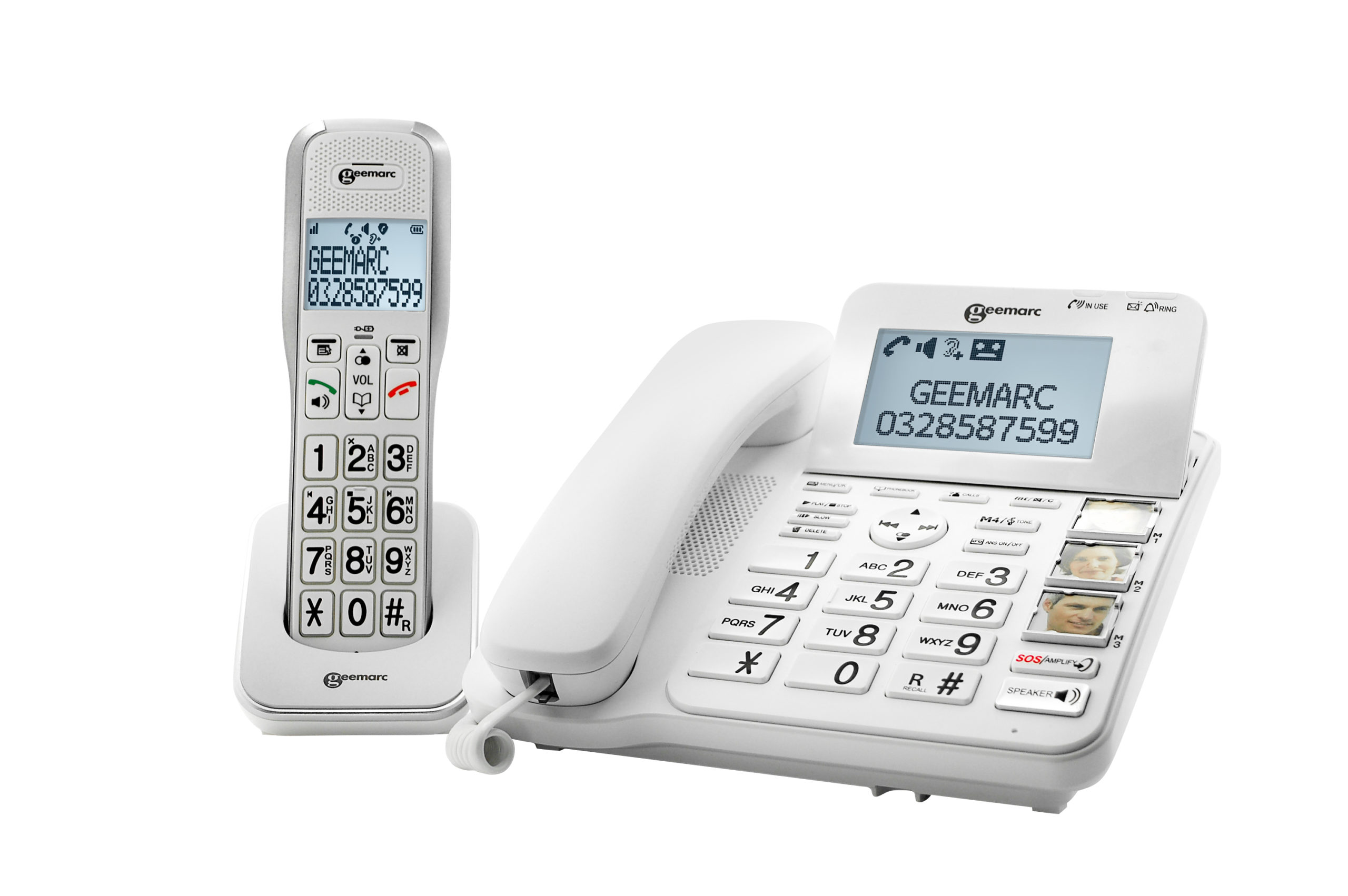 Geemarc AmpliDECT 595 DUO : 2 schnurlose verstärkte 50 dB Schwerhörigentelefone mit Fototasten Deutsche Version Anrufbeantworter Sprachansage und SOS Taste 