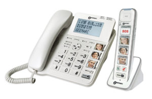 Téléphone filaire avec combiné sans fil, répondeur intégré et touches larges avec photos