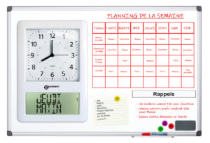Tableau blanc aide-mémoire avec horloge intégrée