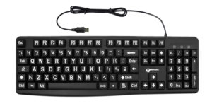 Black keys with large white alpha/numeric keyboard