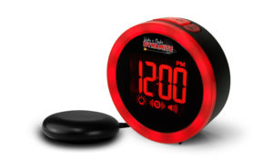 Alarm clock with extra loud alarm, shaker and super bright ring of red led flashing lights