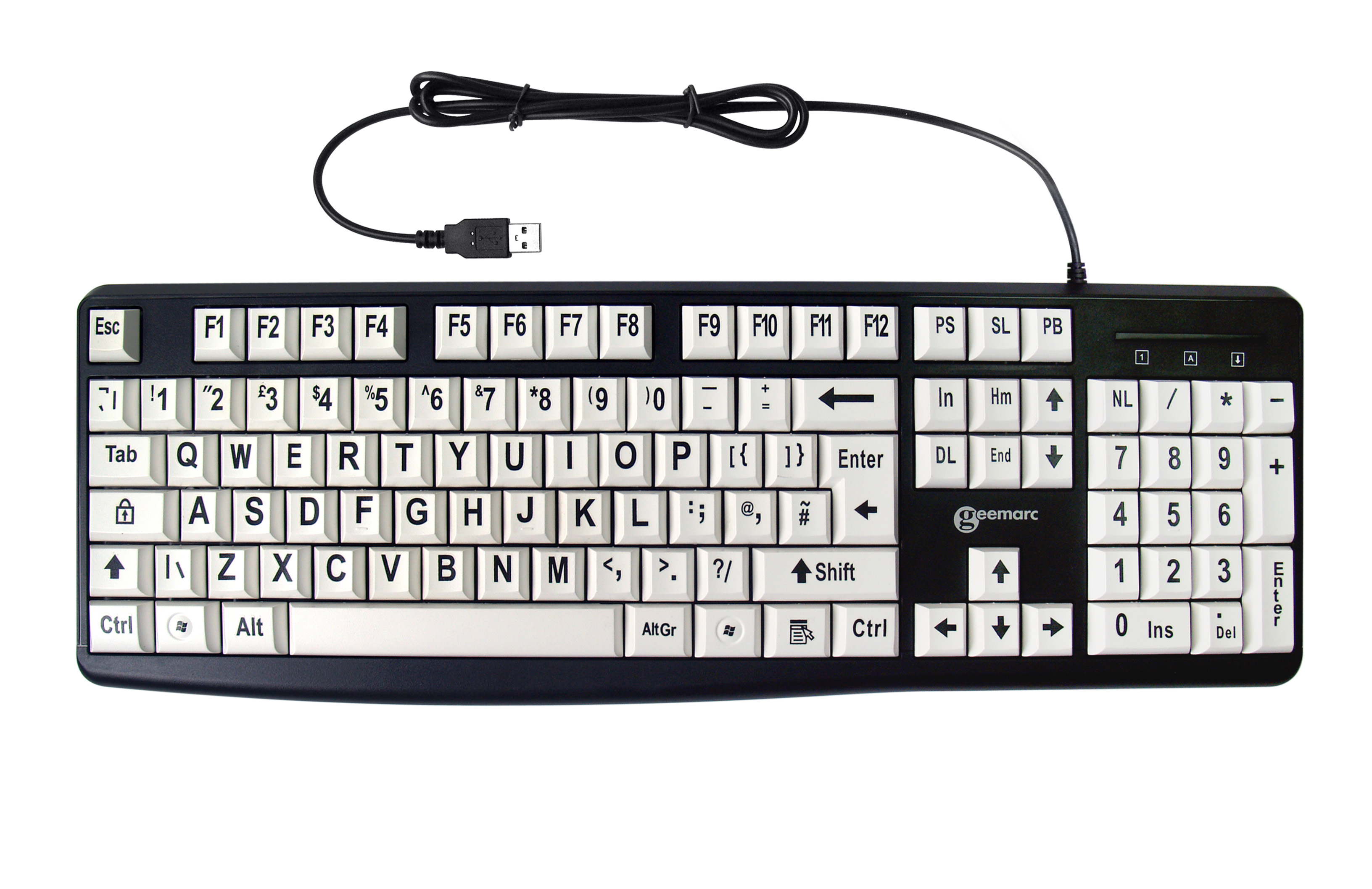 Black keys with large white alpha/numeric keyboard 