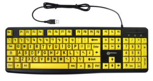 Black keys with large white alpha/numeric keyboard