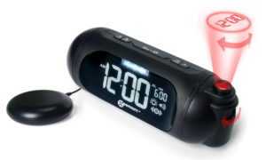 Projection alarm clock with extra loud alarm and shaker pad