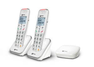 Amplified digital cordless phone with mini DECT base and two handsets
