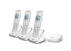 Amplified digital cordless phone with mini DECT base and three handsets